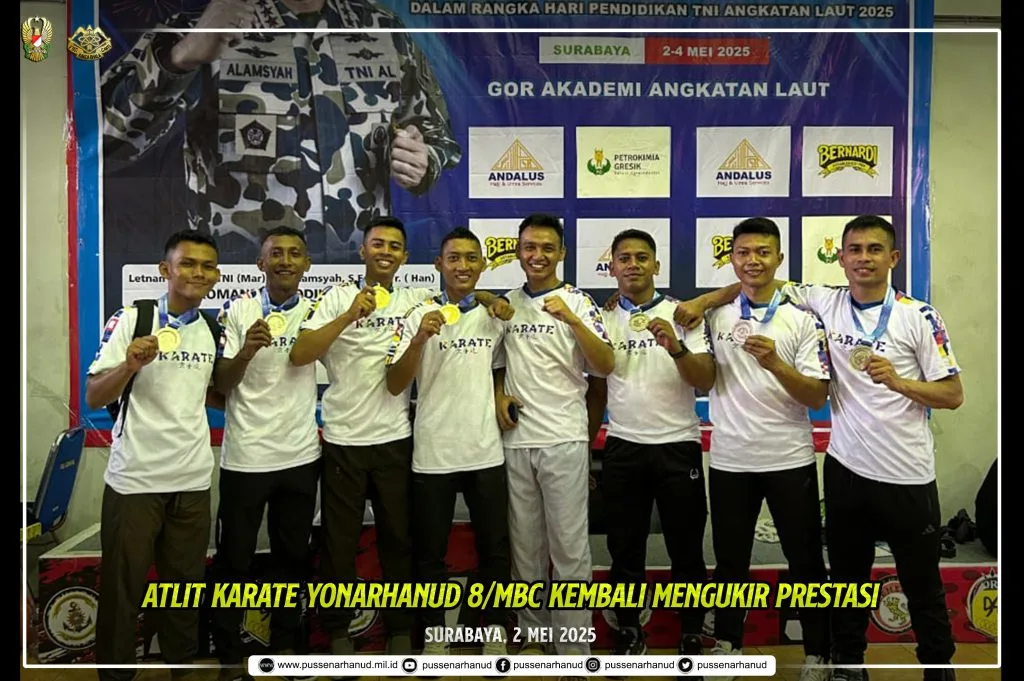 Atlit Karate Yonarhanud 8/MBC kembali mengukir prestasi dan mempertahankan tradisi podium juara dengan berhasil menyabet 2 (dua) gelar juara pada Kejuaraan Nasional Karate Piala Dankodiklatal TA 2025