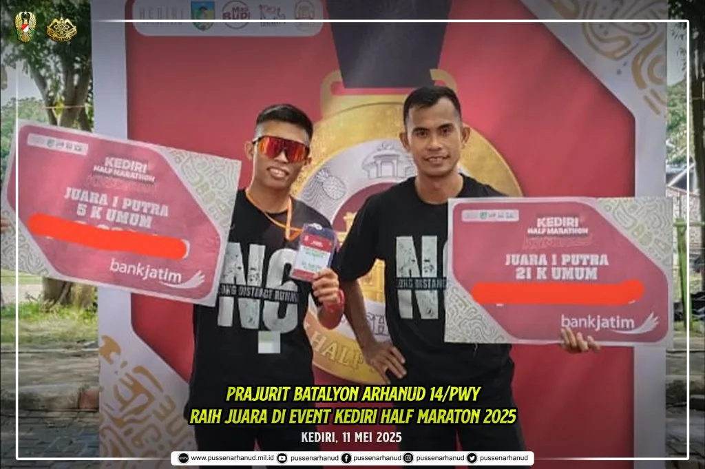 PRAJURIT BATALYON ARHANUD 14/PWY RAIH JUARA DI EVENT KEDIRI HALF MARATON 2025